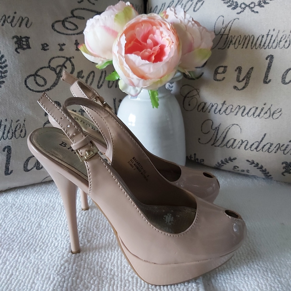 Bamboo platform stiletto heels nude glossy pumps peep toe slingback - Picture 3 of 16